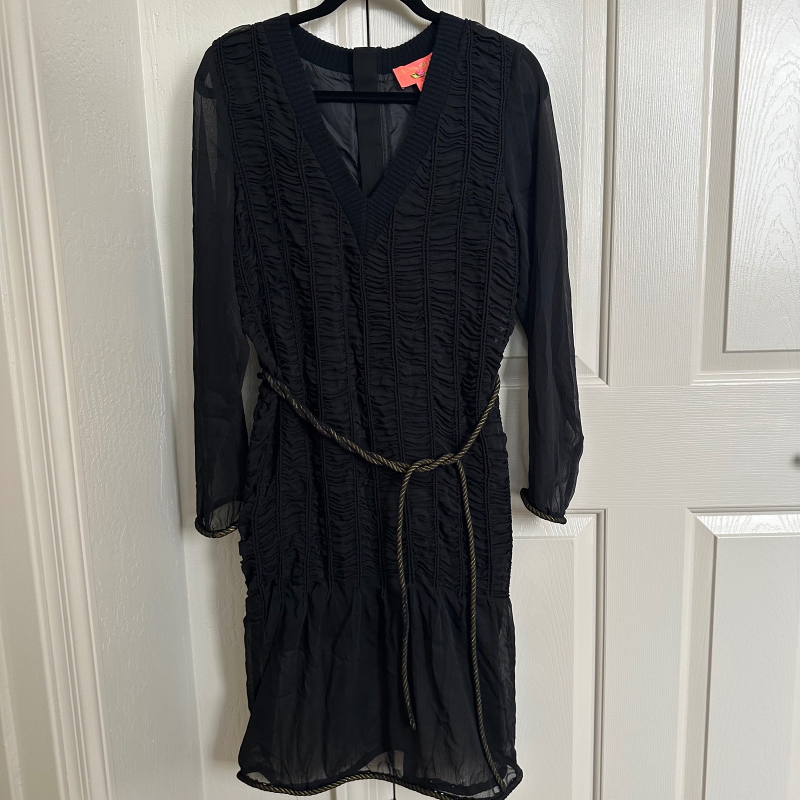 Manoush Paris Black Ruched Chiffon Mini Dress With Gold Rope Belt Fr 42 Us 10